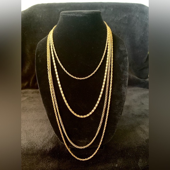 Goldette NY Signed Necklace 4 Strand Chain Layered Goldtone Bow Clasp Vintage - Picture 6 of 10